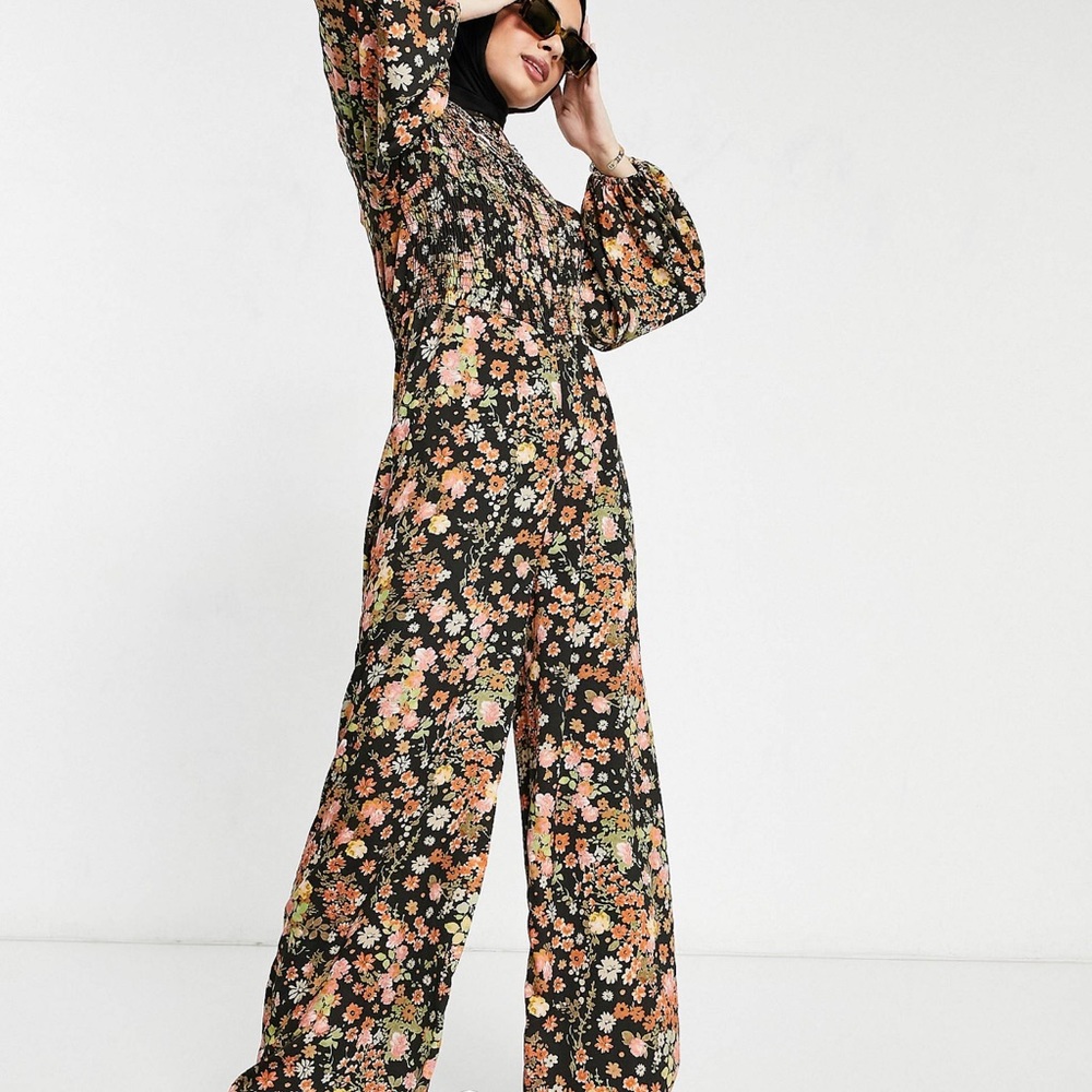 ASOS DESIGN shirred jumpsuit in warm floral